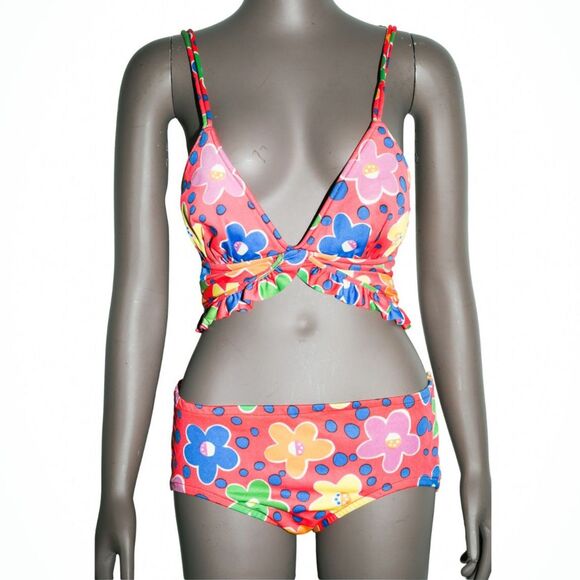 Vintage 70s Floral Bikini Two Piece Matching Set Swimsuit Hippie Boho - Picture 4 of 9